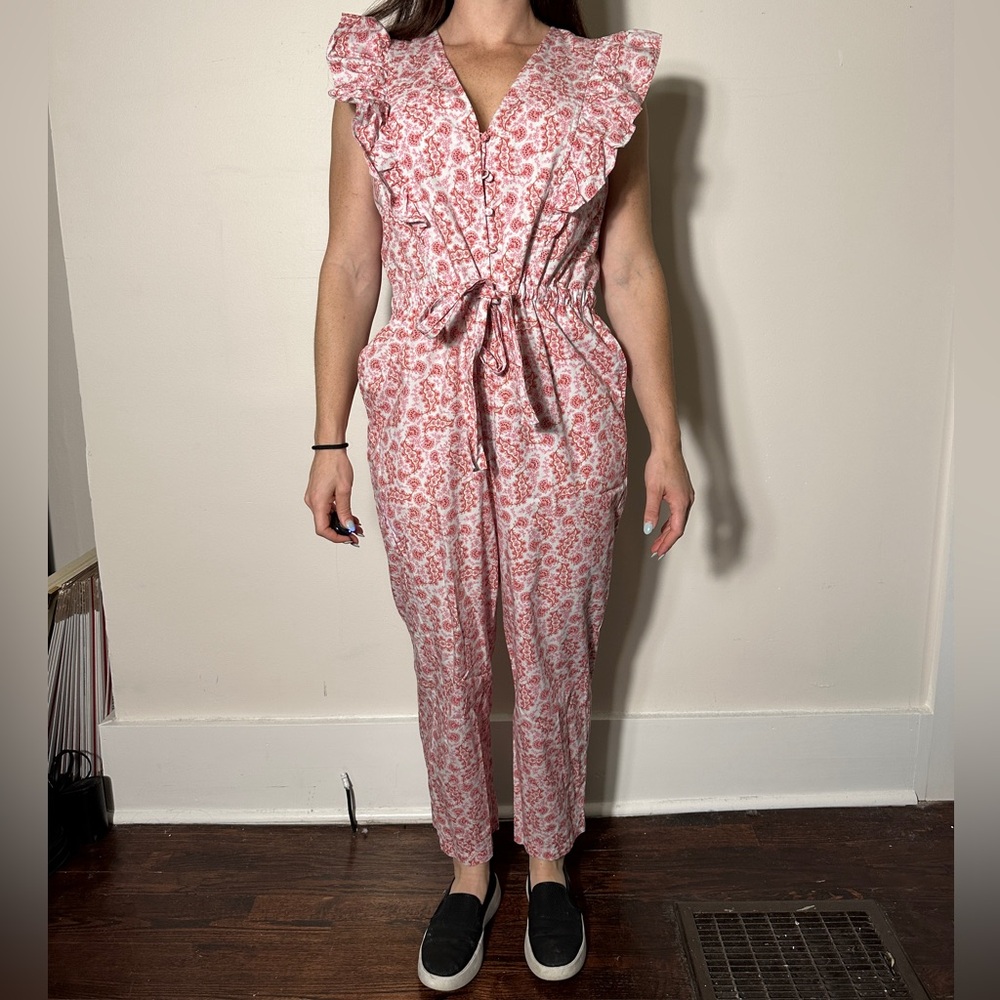 La Vie Rebecca Taylor Tie Front Pink and White Jumpsuit Size L